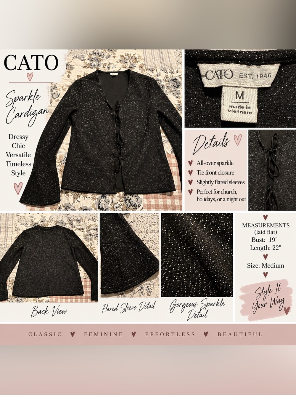 Cato Black Sparkle Cardigan Medium Bell Sleeve Tie Front Dressy